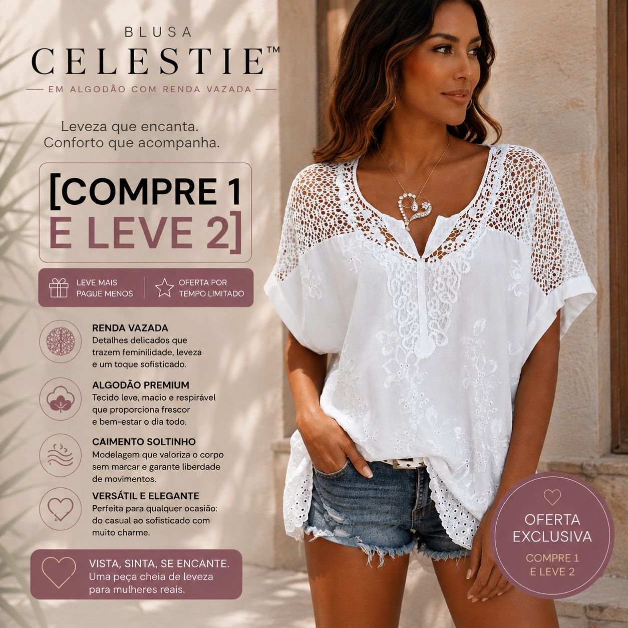 [COMPRE 1 E LEVE 2] Blusa Celestie™ em Algodão com Renda Vazada e Bordados Florais / Um Toque Artesanal Que Destaca A Produção