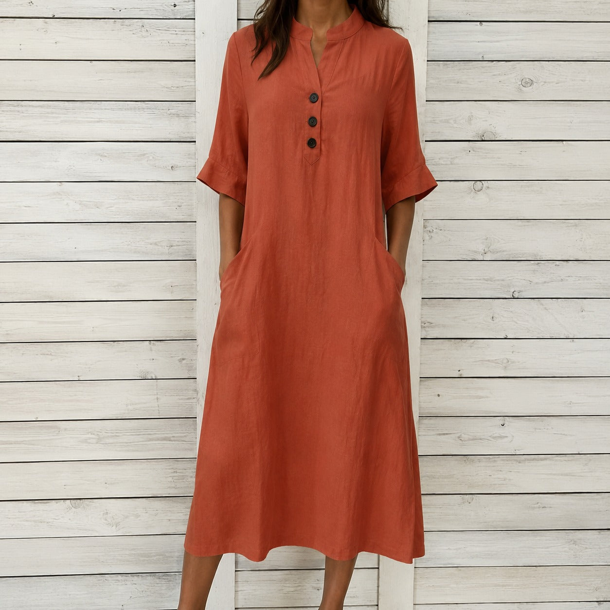 Vestido Elaine™ em Algodão com Gola Mandarim, Botões Frontais e Bolsos Laterais