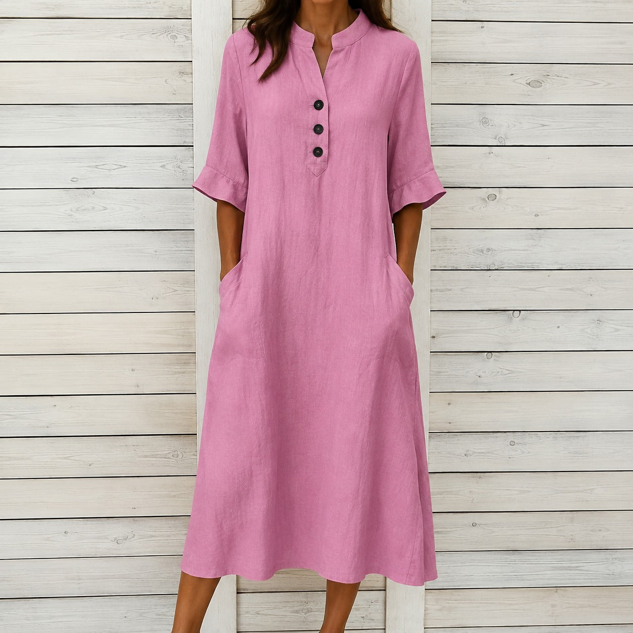 Vestido Elaine™ em Algodão com Gola Mandarim, Botões Frontais e Bolsos Laterais