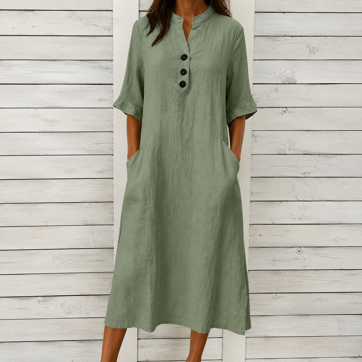 Vestido Elaine™ em Algodão com Gola Mandarim, Botões Frontais e Bolsos Laterais