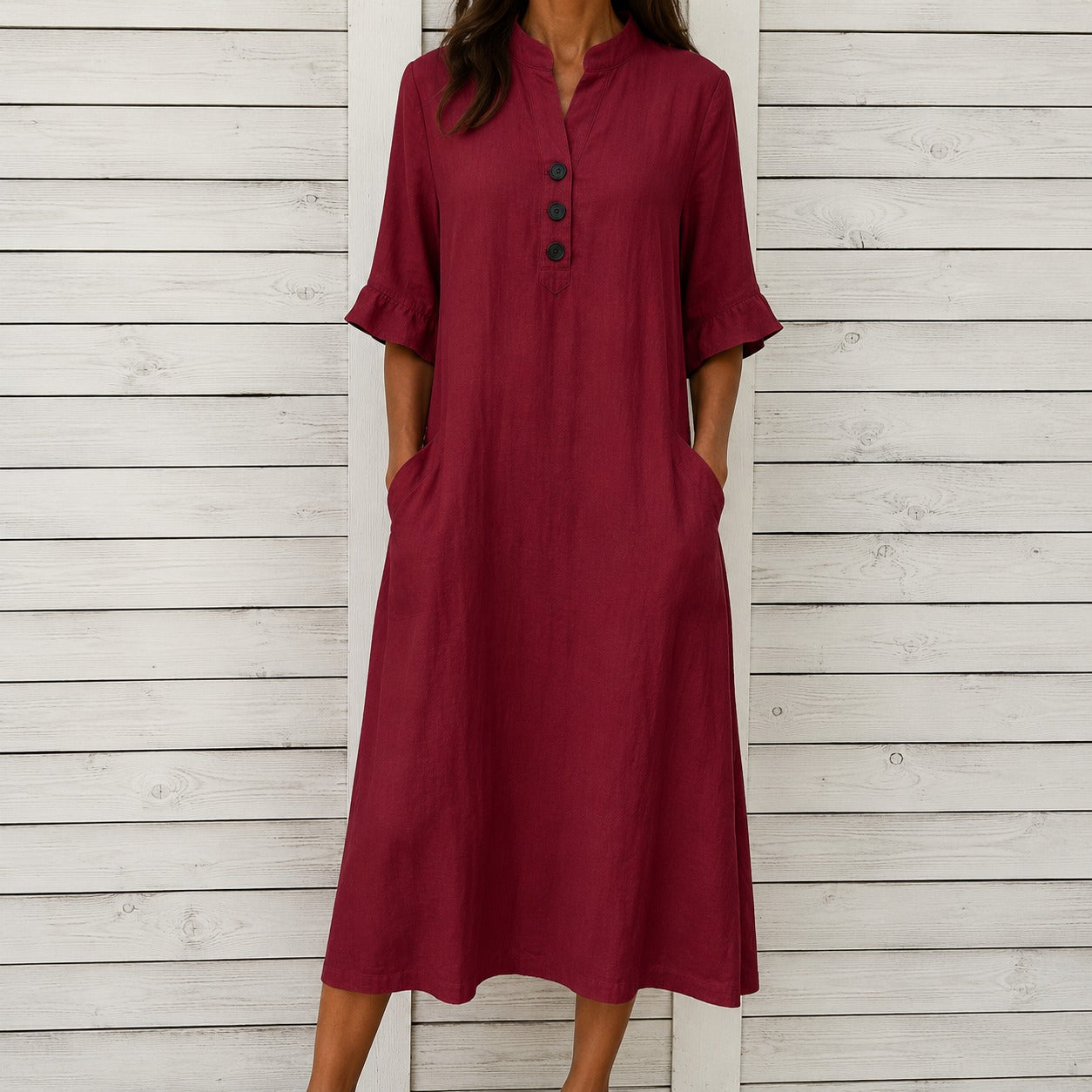 Vestido Elaine™ em Algodão com Gola Mandarim, Botões Frontais e Bolsos Laterais