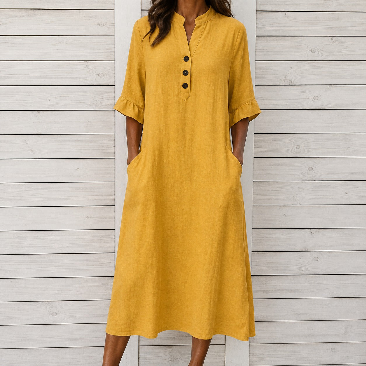 Vestido Elaine™ em Algodão com Gola Mandarim, Botões Frontais e Bolsos Laterais