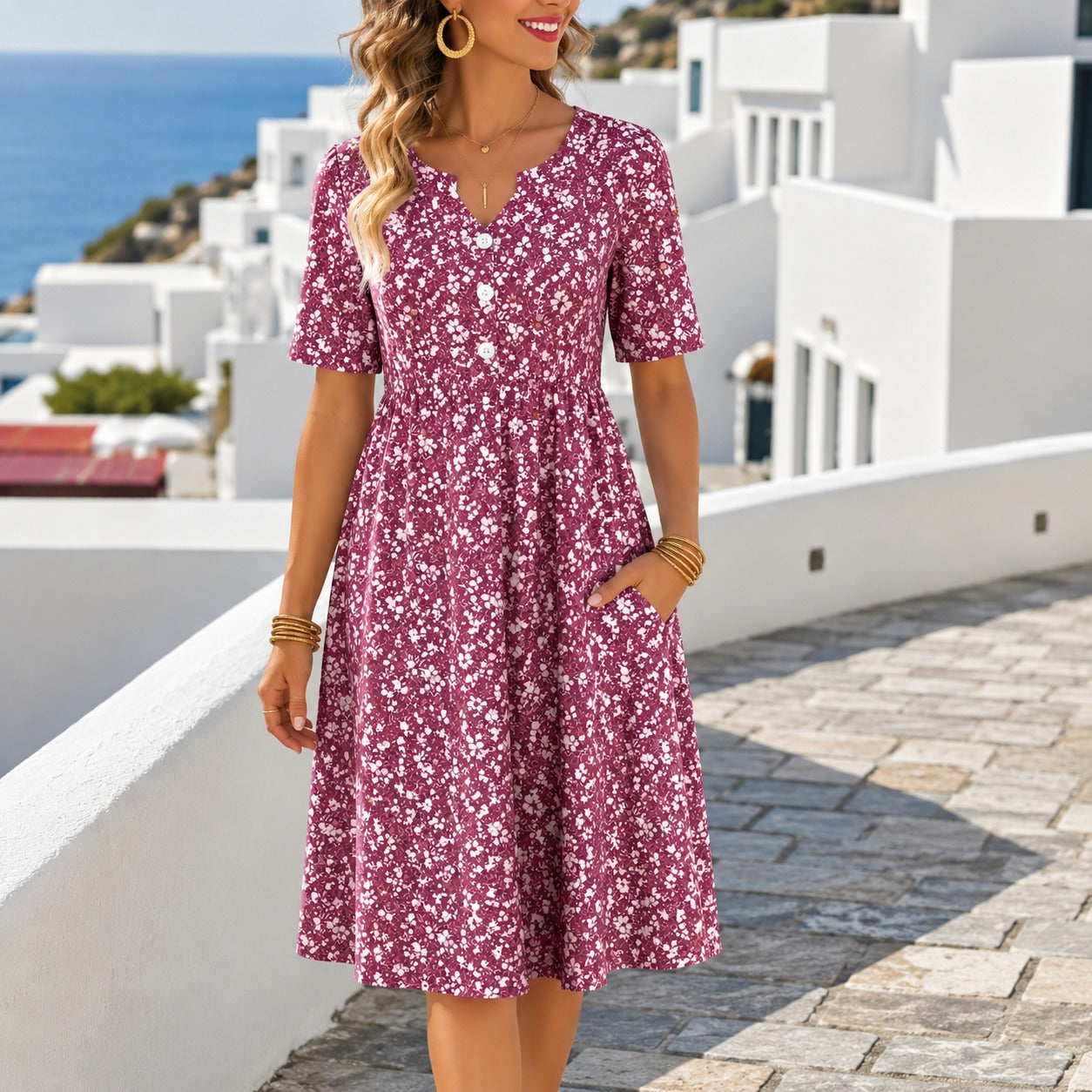 Vestido Midi Florena™ com Botões Frontais, Estampa Floral e Mangas Curtas