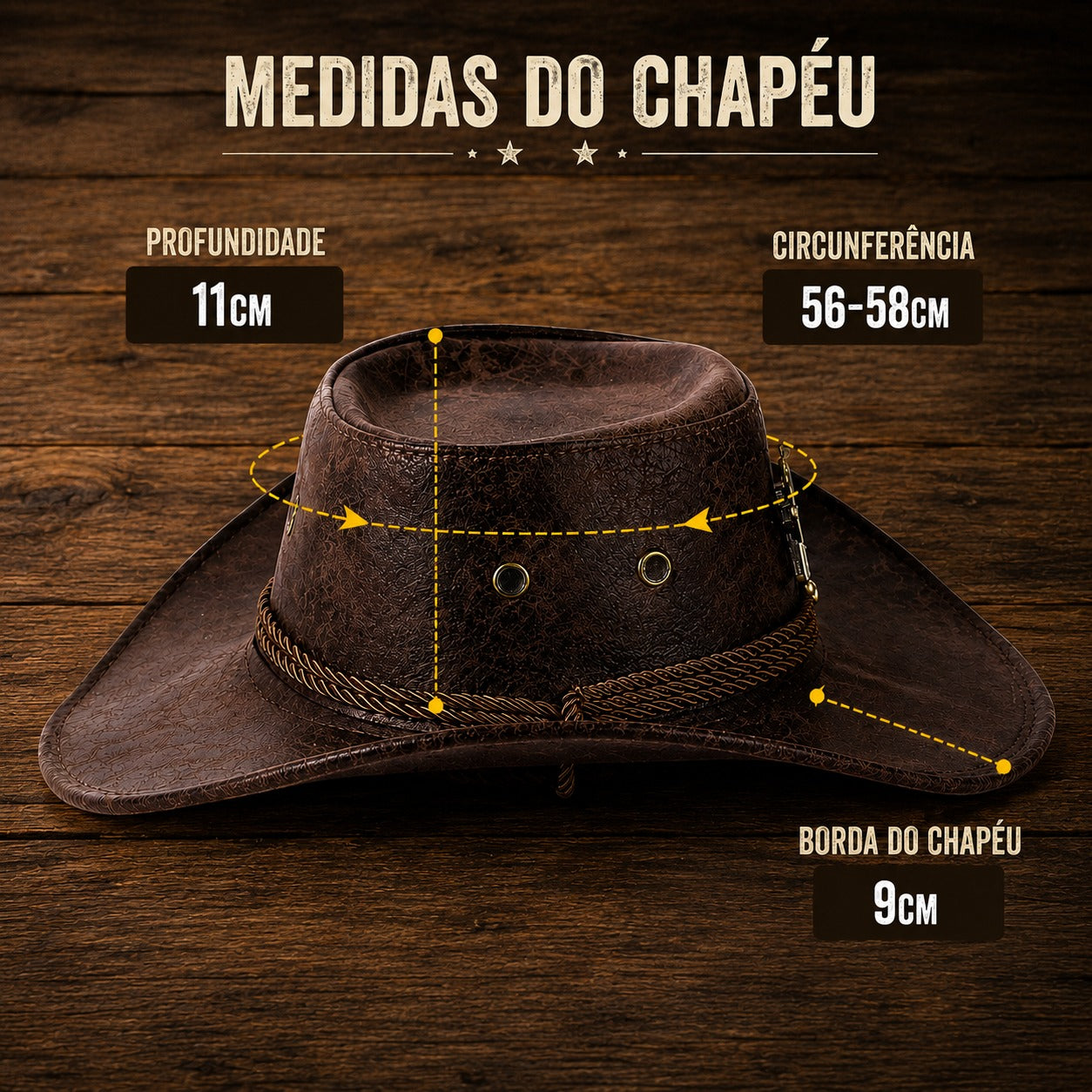 Chapéu Cortese™ em Couro Premium com Acabamento Envelhecido e Detalhes Metálicos