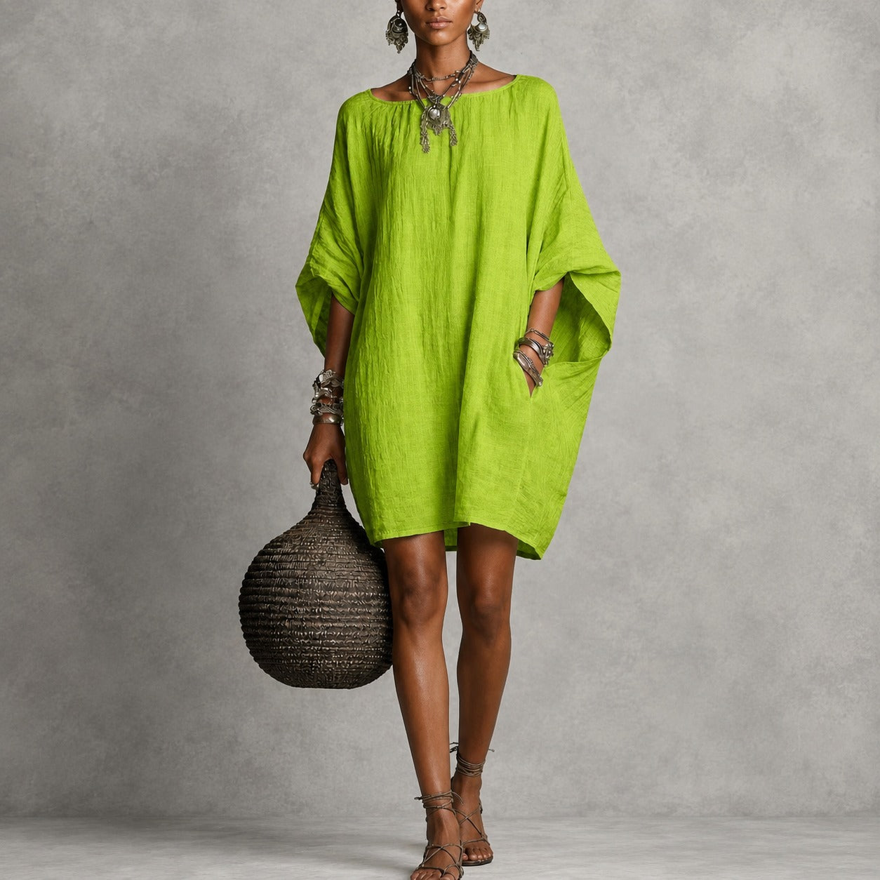 Vestido Juliana™ em Linho de Algodão com Modelagem Ampla e Decote Redondo
