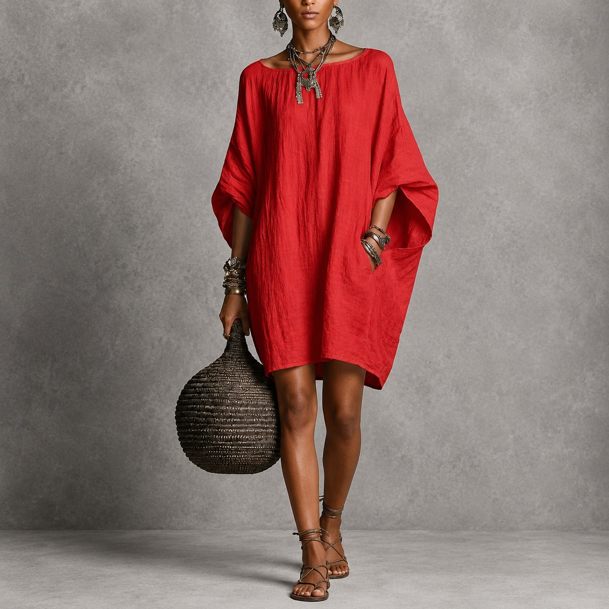 Vestido Juliana™ em Linho de Algodão com Modelagem Ampla e Decote Redondo