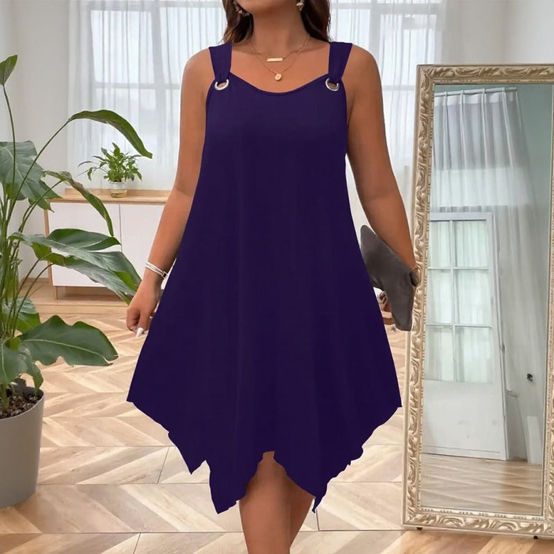 Vestido Soraya™ com Barra Assimétrica e Alças com Argolas Metálicas / Uma Escolha Versátil Para Passeios E Dias Casuais