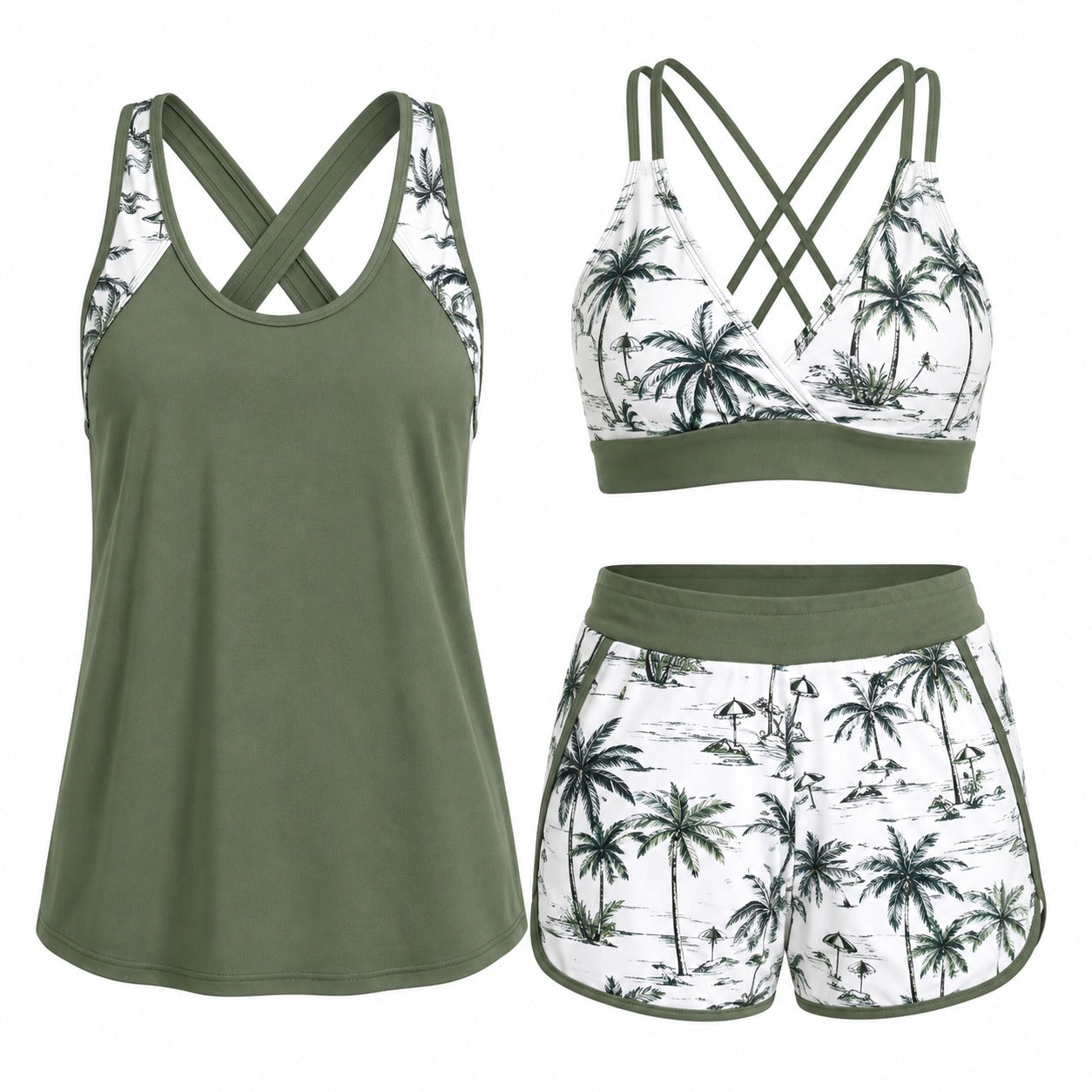 Conjunto Tankini Mavira™ 3 Peças com Regata, Top de Costas Cruzadas e Shorts