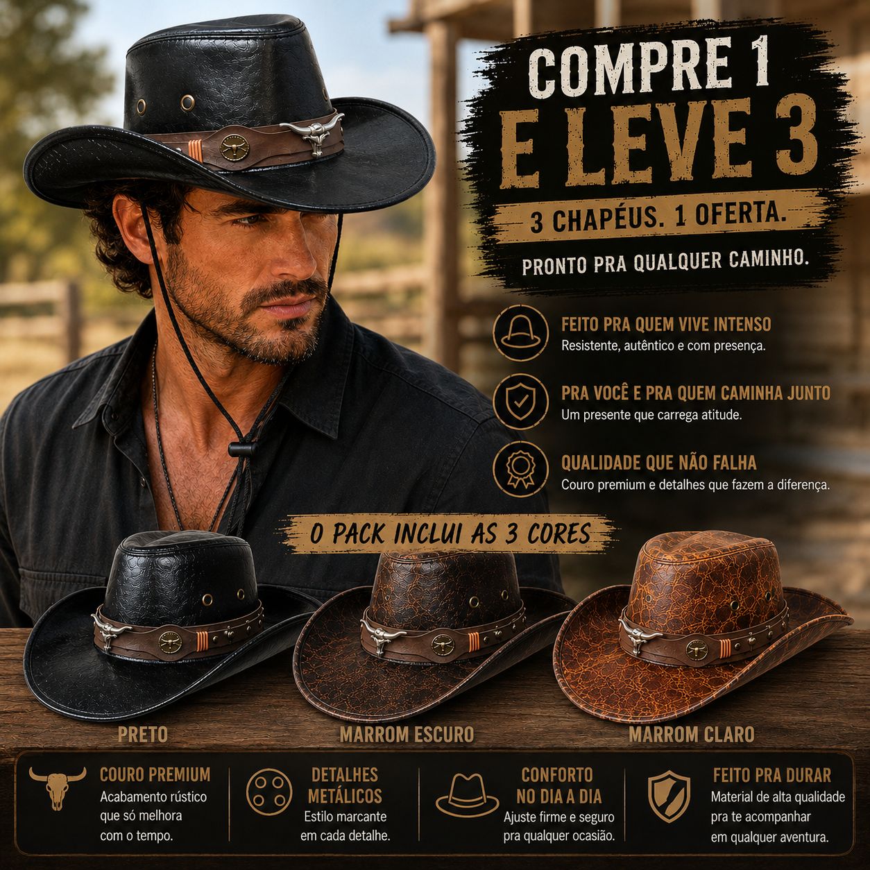 [COMPRE 1 E LEVE 3] Chapéu Country Silverado™ em Couro Premium com Acabamento Rústico e Detalhes Metálicos