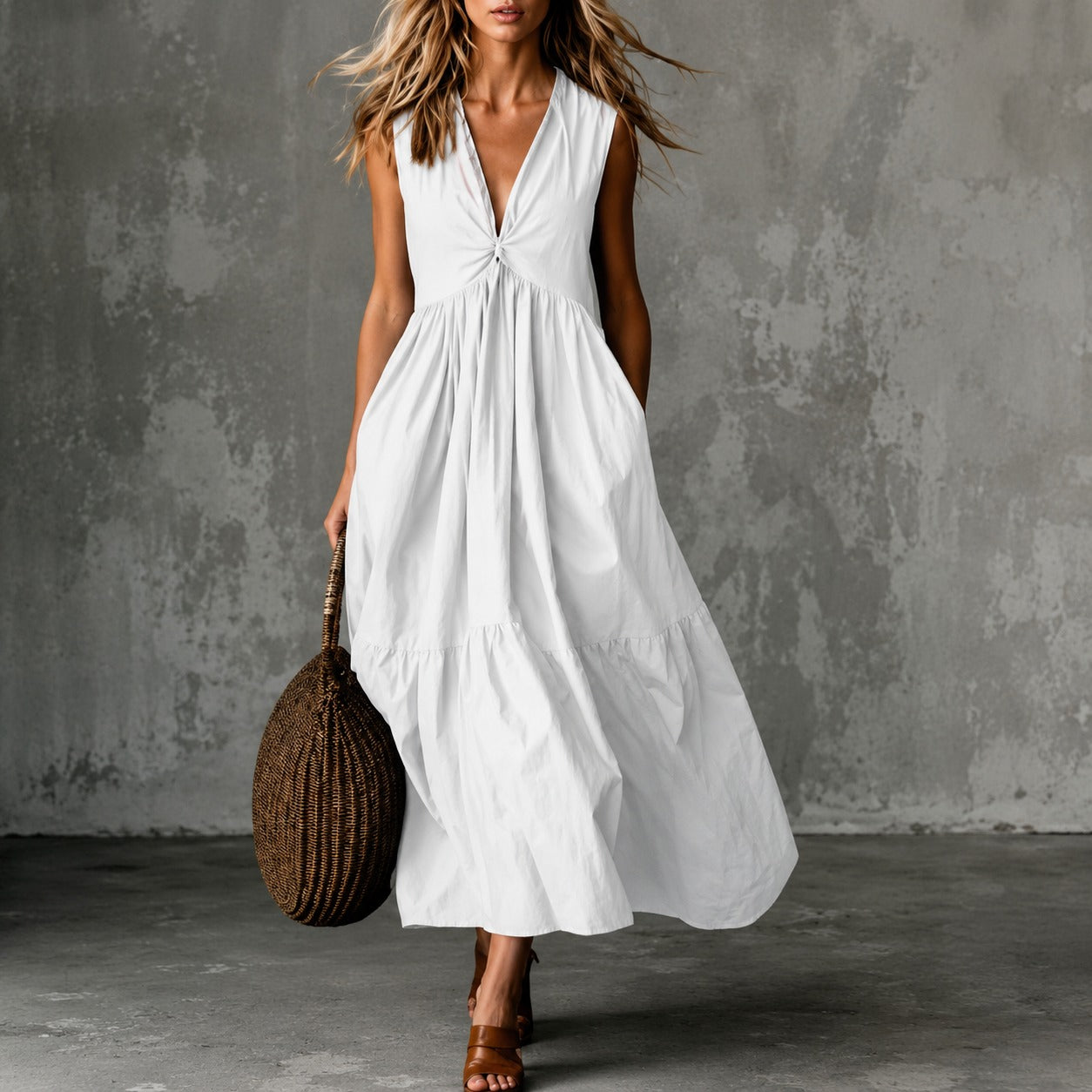 Vestido Tamires™ com Modelagem Sem Mangas e Decote V / Uma Escolha Versátil Para Diferentes Ocasiões