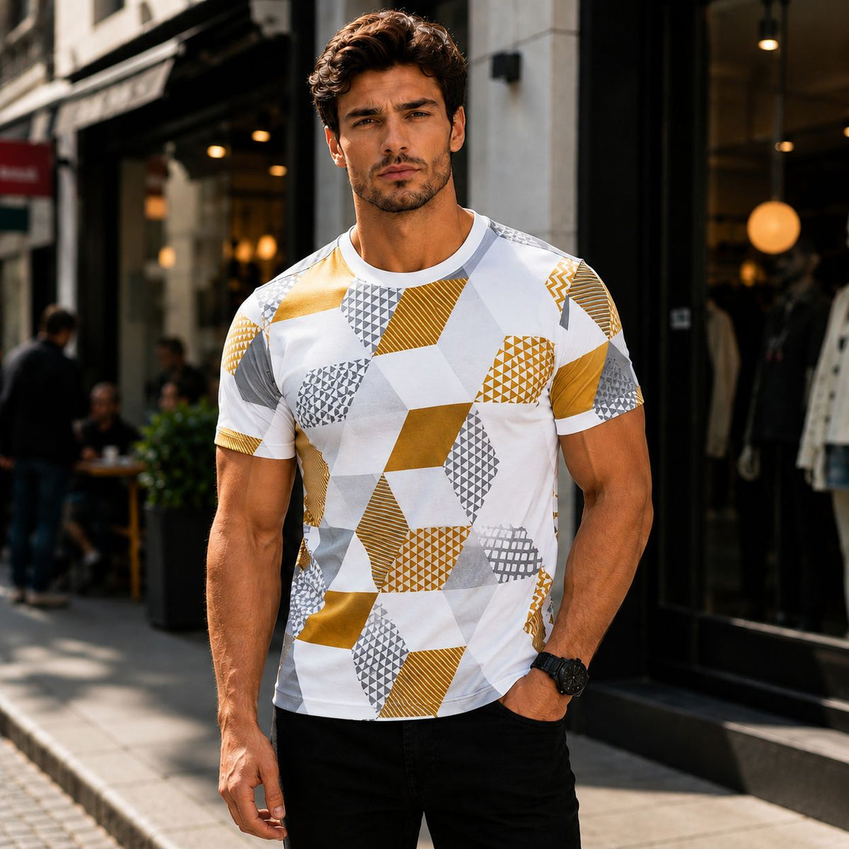 [COMPRE 1 E LEVE 2] Camiseta Domênico™ com Estampa Geométrica e Gola Redonda / Um Visual Contemporâneo Fácil de Combinar no Dia a Dia.
