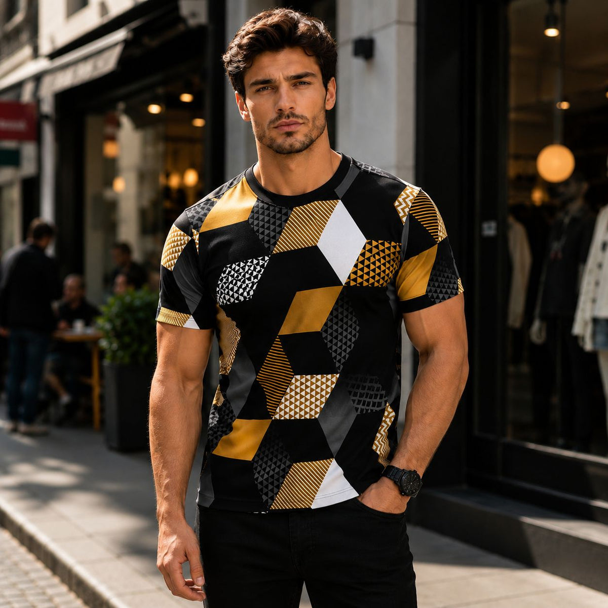 [COMPRE 1 E LEVE 2] Camiseta Domênico™ com Estampa Geométrica e Gola Redonda / Um Visual Contemporâneo Fácil de Combinar no Dia a Dia.