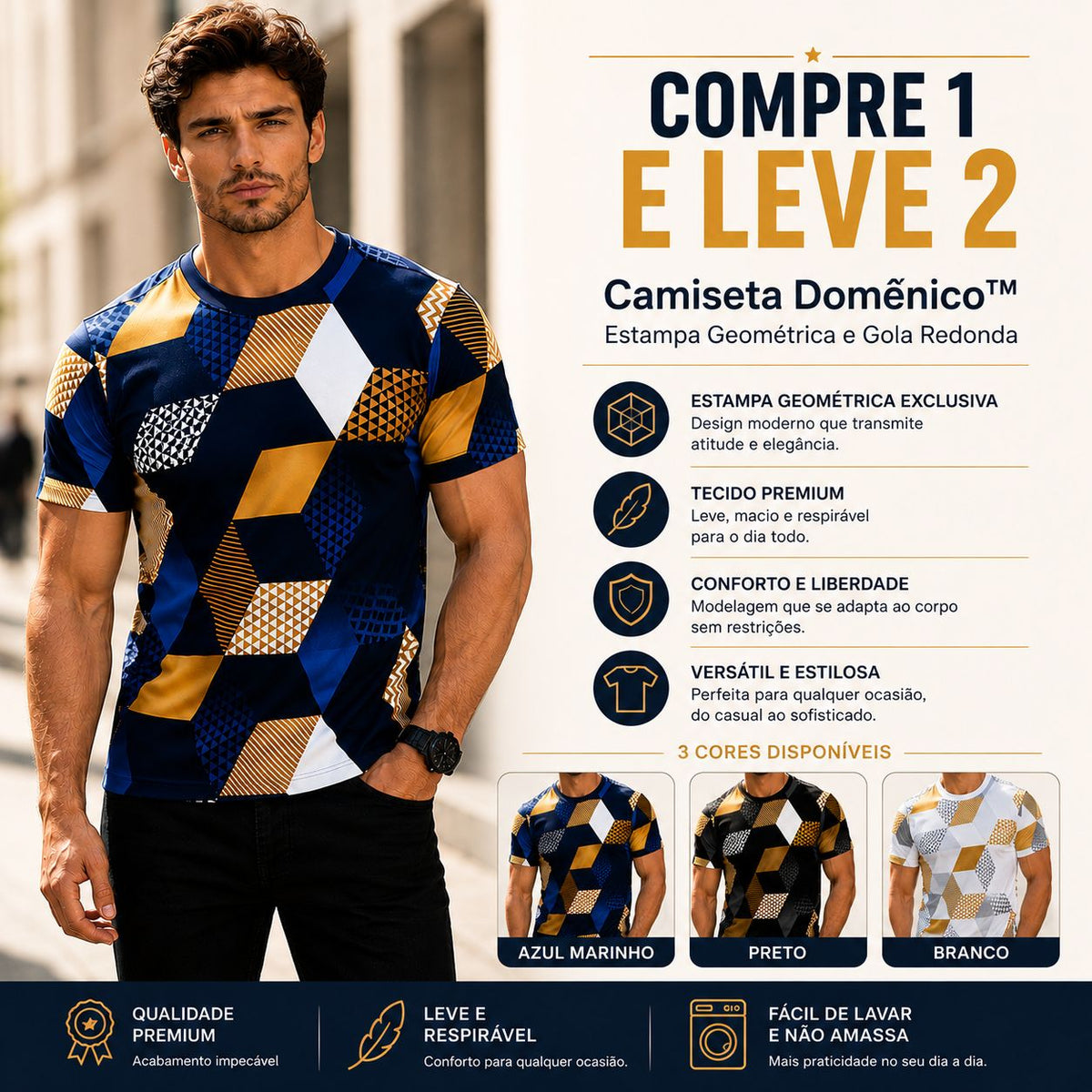 [COMPRE 1 E LEVE 2] Camiseta Domênico™ com Estampa Geométrica e Gola Redonda / Um Visual Contemporâneo Fácil de Combinar no Dia a Dia.