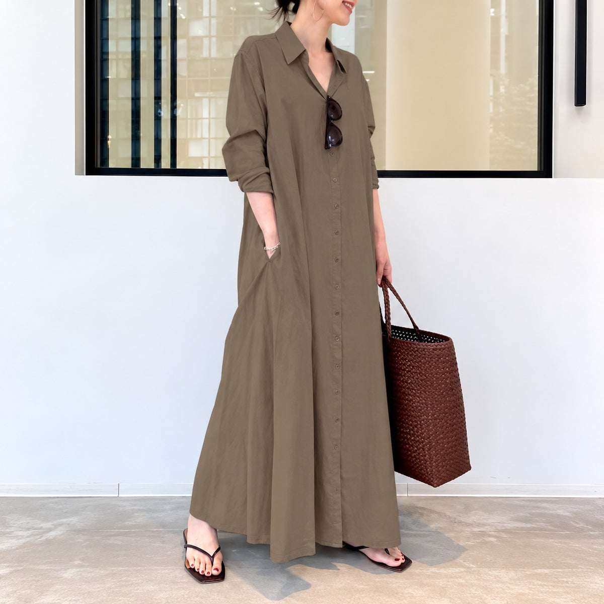 Vestido Débora™ em Linho de Algodão com Gola de Camisa, Botões Frontais e Modelagem Ampla