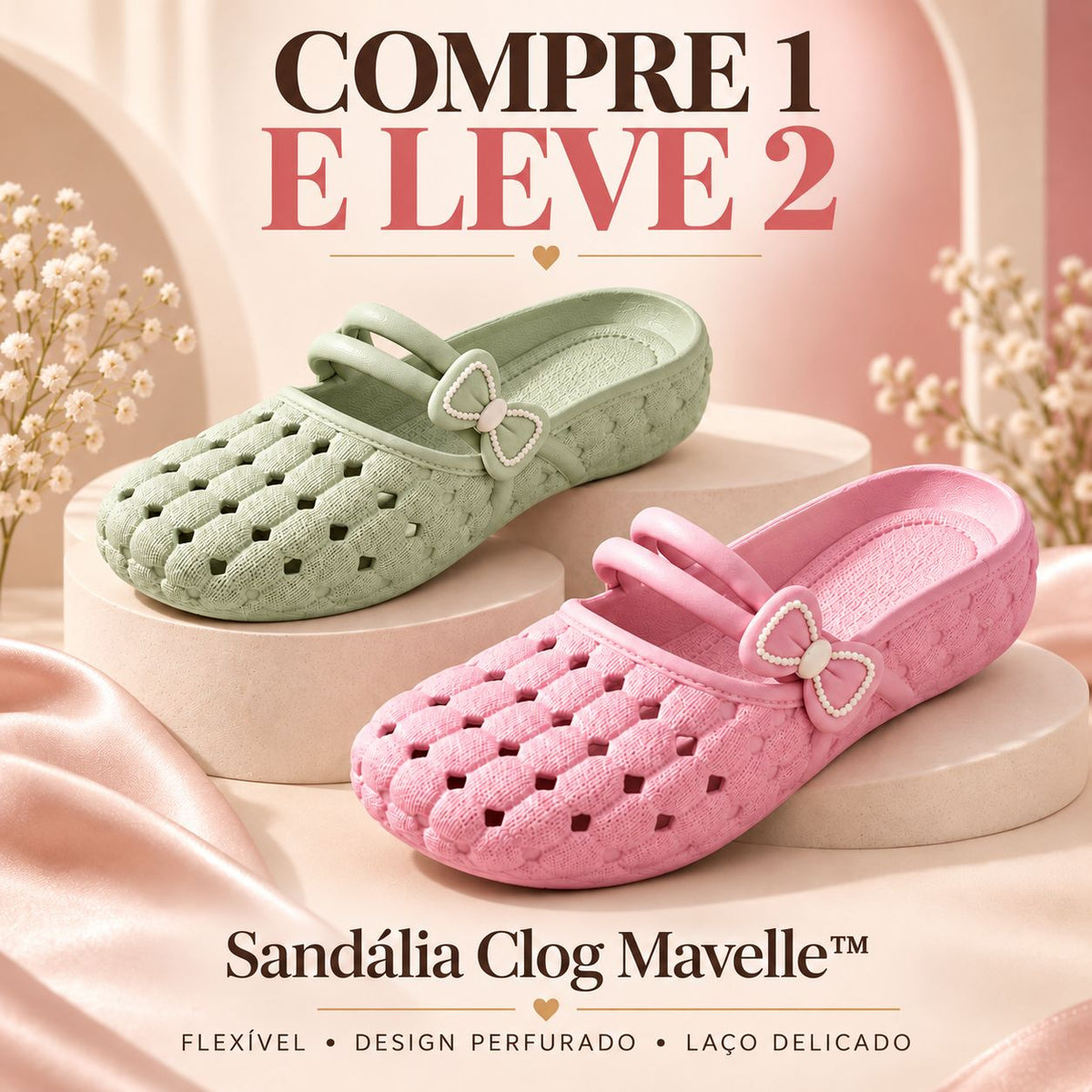 [COMPRE 1 E LEVE 2] Sandália Clog Mavelle™ Flexível com Design Perfurado e Laço Delicado / Frescor e mobilidade para uma rotina leve e descomplicada.