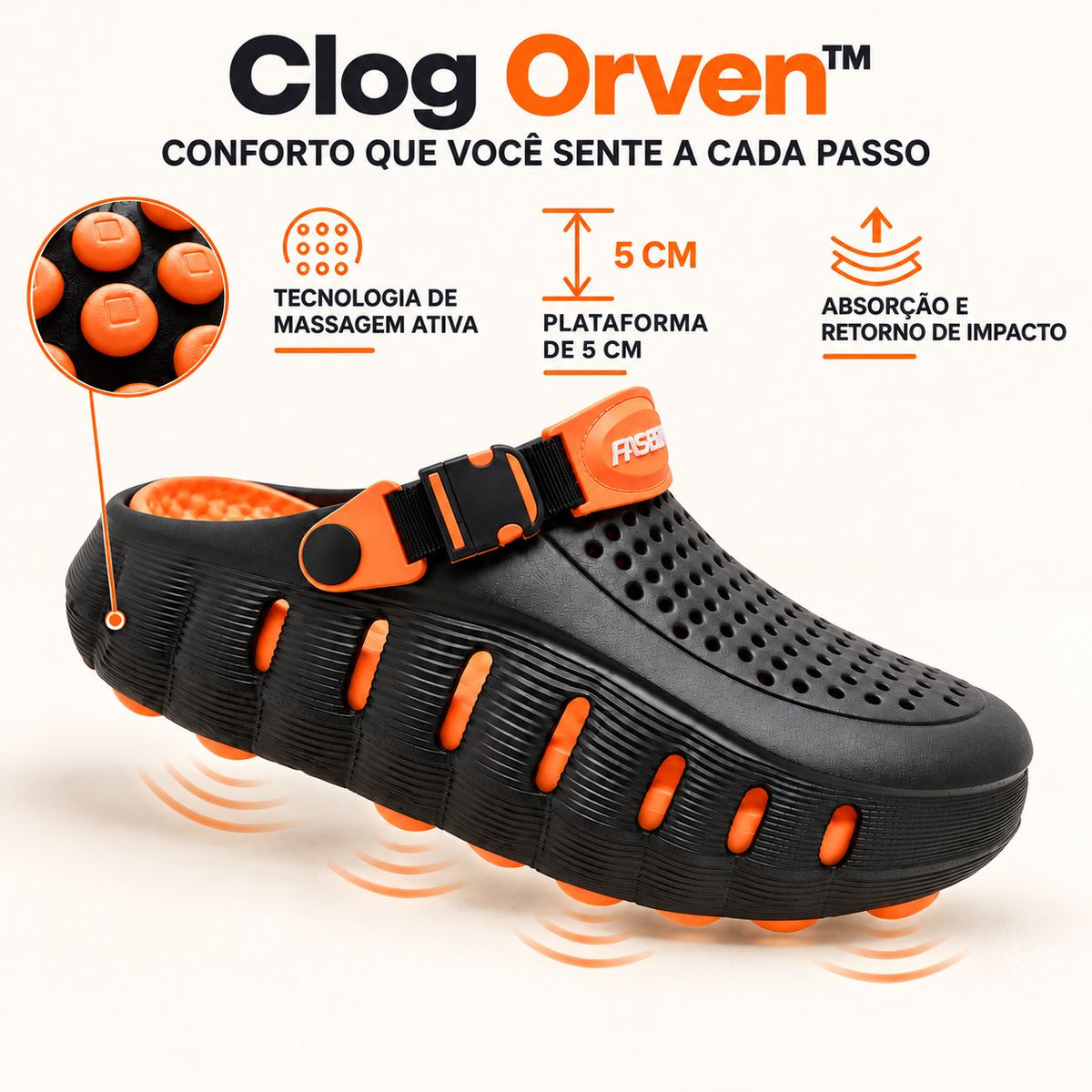 Clog Orven™ com Solado Massageador e Plataforma de 5cm com Retorno de Impacto