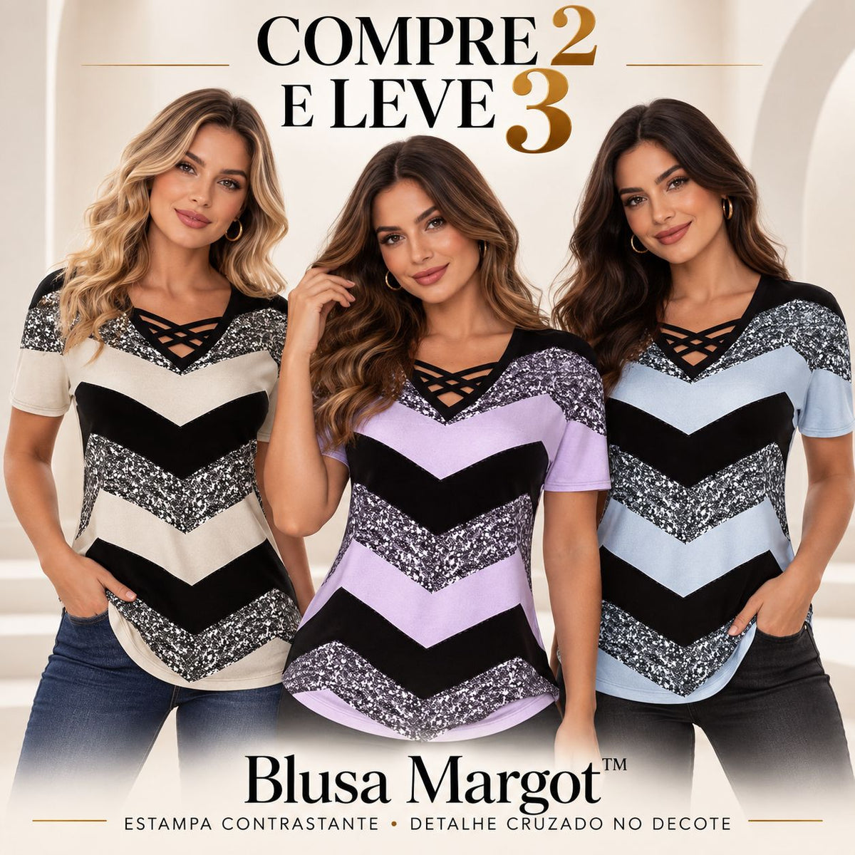 [COMPRE 2 E LEVE 3] Blusa Margot™ com Estampa Contrastante em Chevron e Detalhe Cruzado no Decote / Um Visual Que Chama Atenção Sem Exagero
