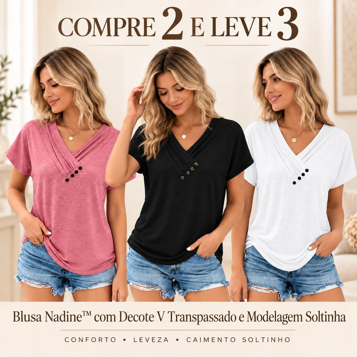 [COMPRE 2 E LEVE 3] Blusa Nadine™ com Decote V Transpassado e Modelagem Soltinha / Leveza para Acompanhar Diferentes Momentos do Dia