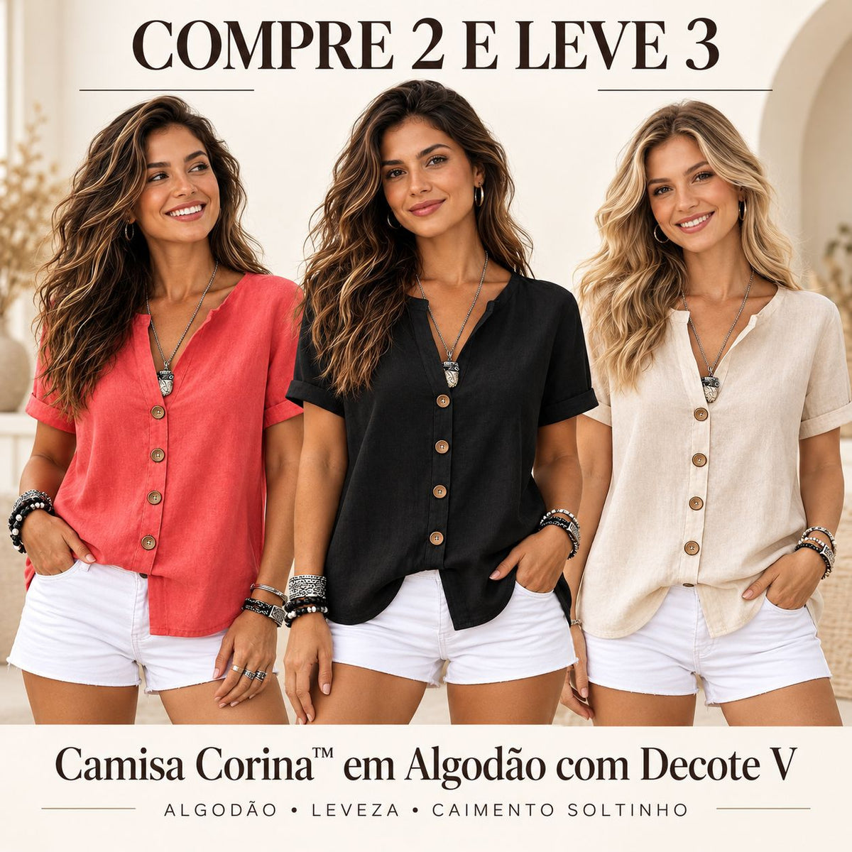 [COMPRE 2 E LEVE 3] Camisa Corina™ Em Algodão com Decote V, Botões Frontais e Mangas Curtas