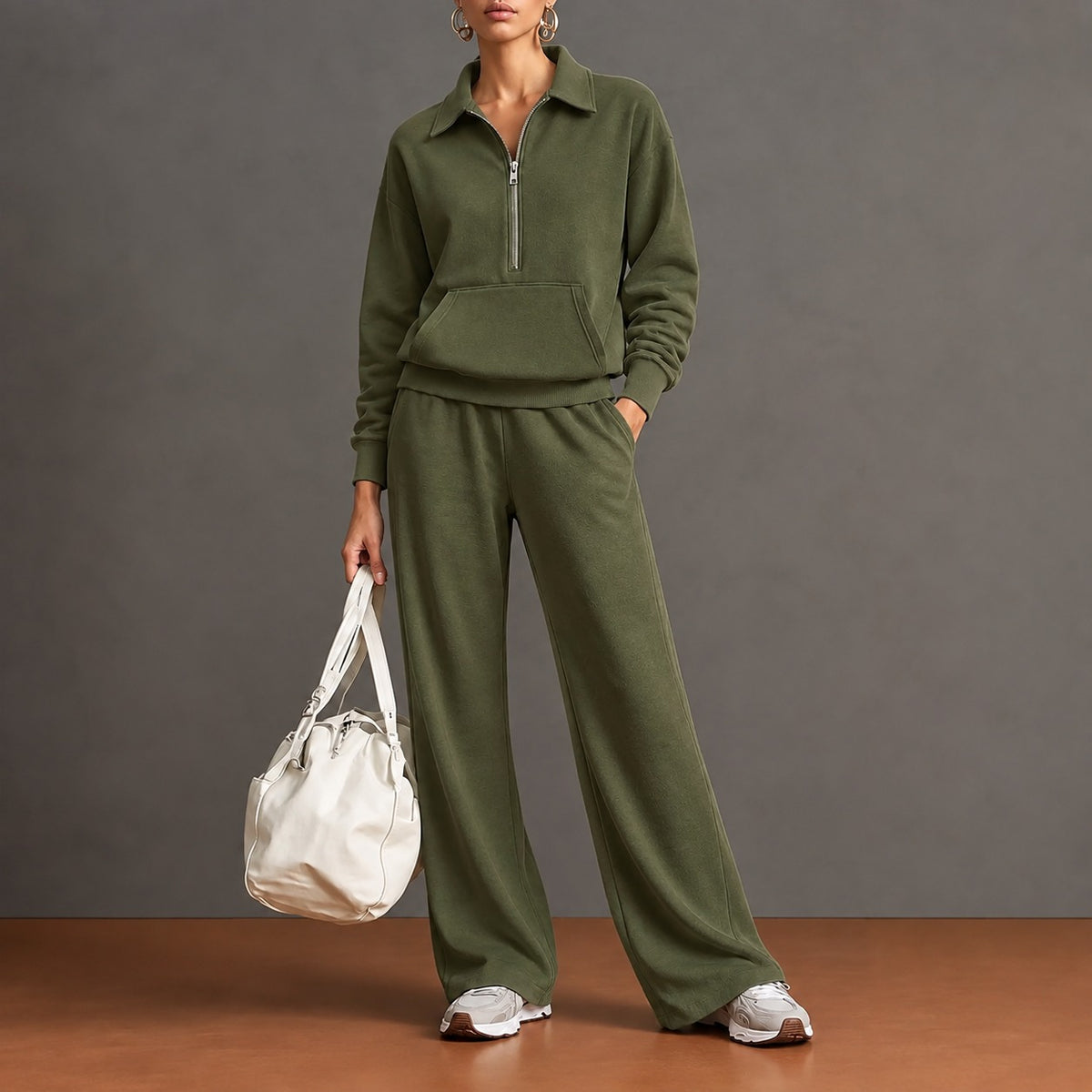 Conjunto Norelle™ com Blusa de Meio Zíper, Bolso Canguru e Calça de Modelagem Ampla