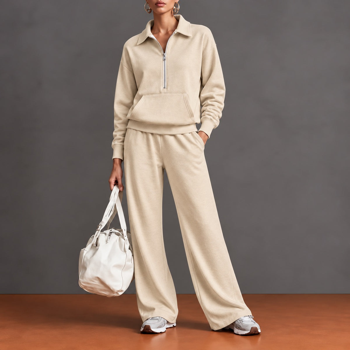 Conjunto Norelle™ com Blusa de Meio Zíper, Bolso Canguru e Calça de Modelagem Ampla