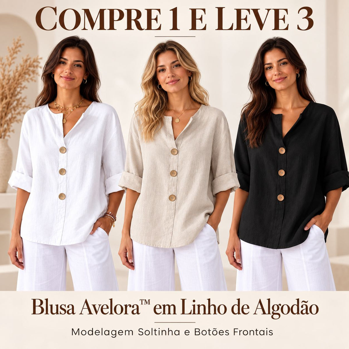[COMPRE 1 E LEVE 3] Blusa Avelora™ em Linho de Algodão com Modelagem Soltinha e Botões Frontais