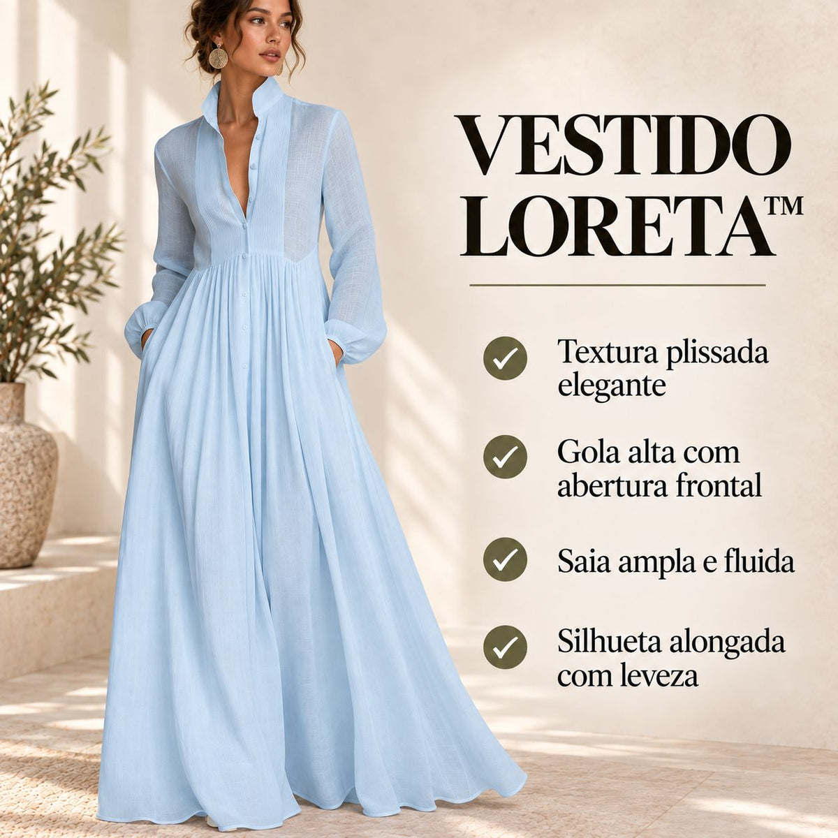 Vestido Loreta™ com Textura Plissada, Gola Alta e Saia Fluida / Silhueta Alongada Com Leveza e Elegância