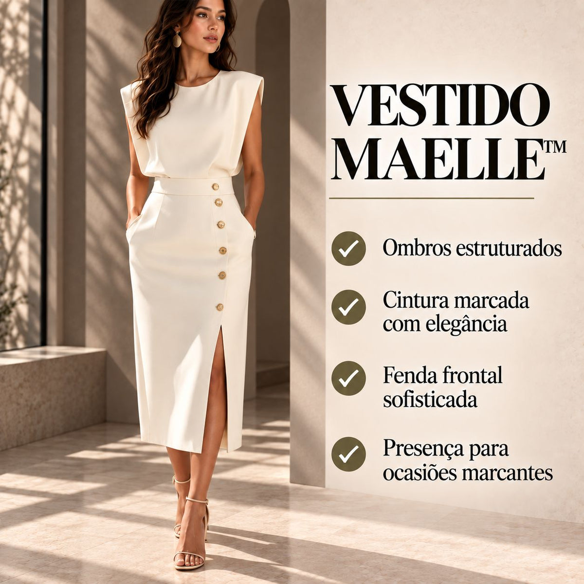 Vestido Maelle™ Midi com Ombros Estruturados, Botões Chiques e Fenda Frontal / Presença Elegante Para Ocasiões Marcantes