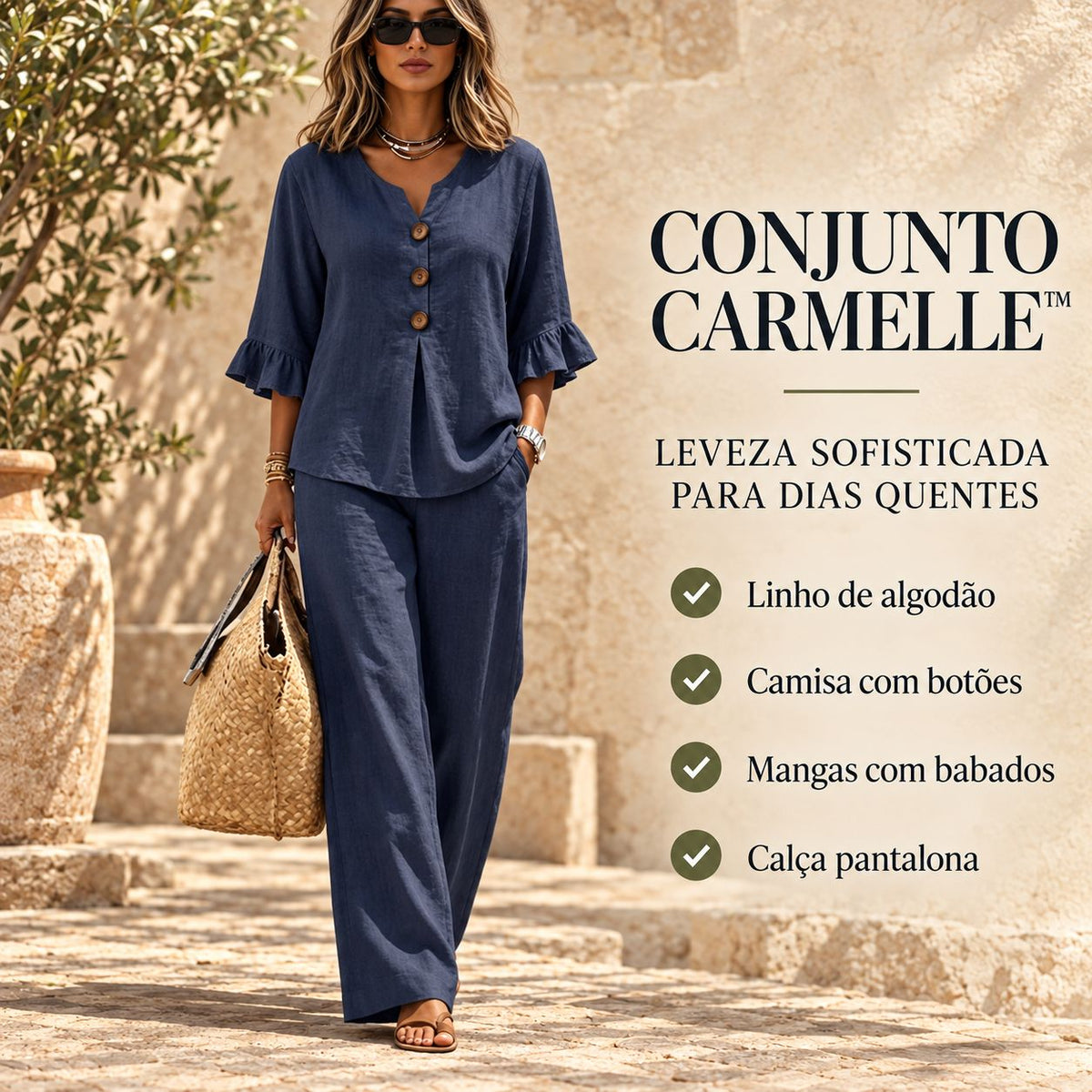 Conjunto Carmelle™ em Linho de Algodão Com Camisa De Botões, Mangas Com Babados E Calça Pantalona / Leveza Sofisticada Para Dias Quentes