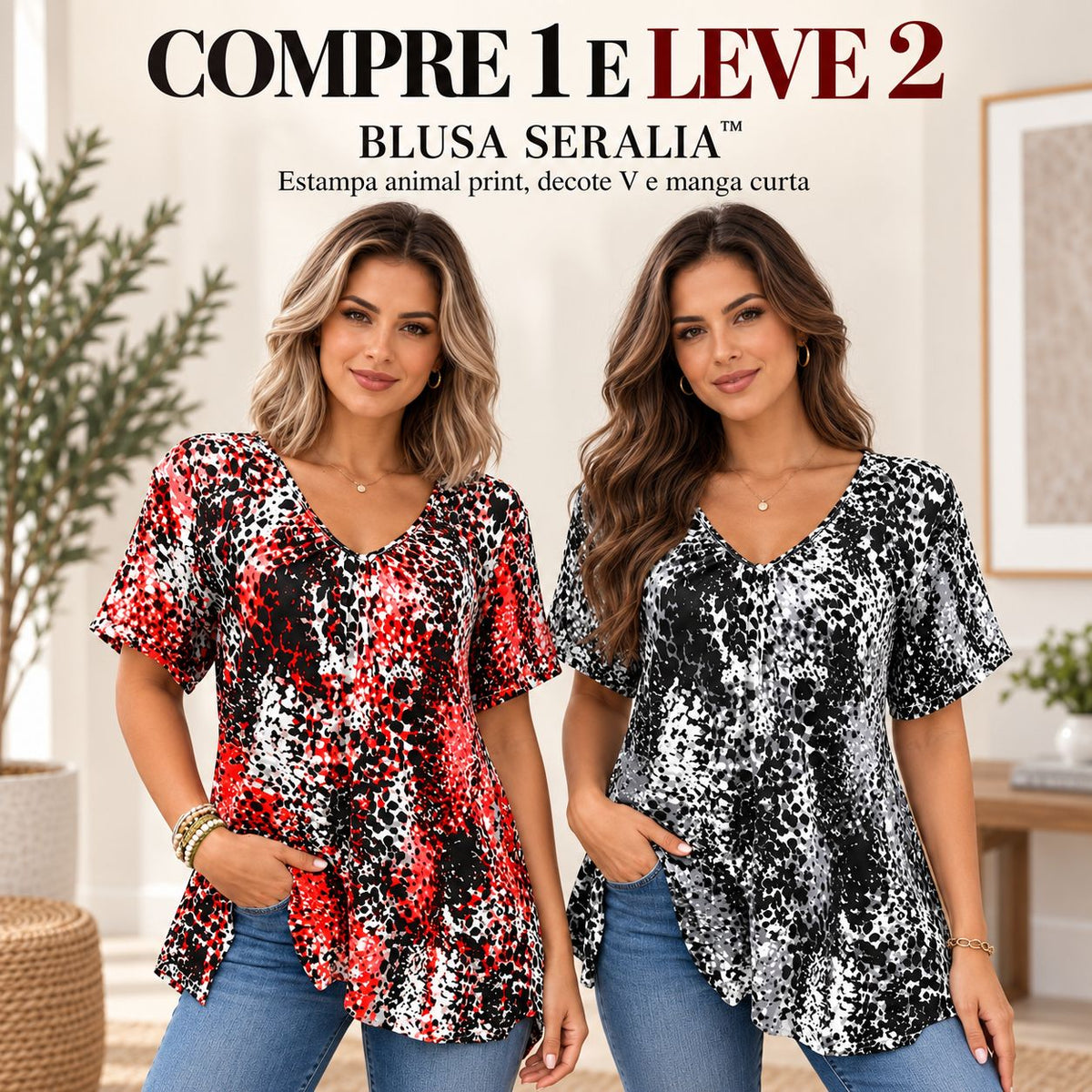 [COMPRE 1 E LEVE 2] Blusa Seralia™ com Estampa Animal Print, Decote V e Manga Curta