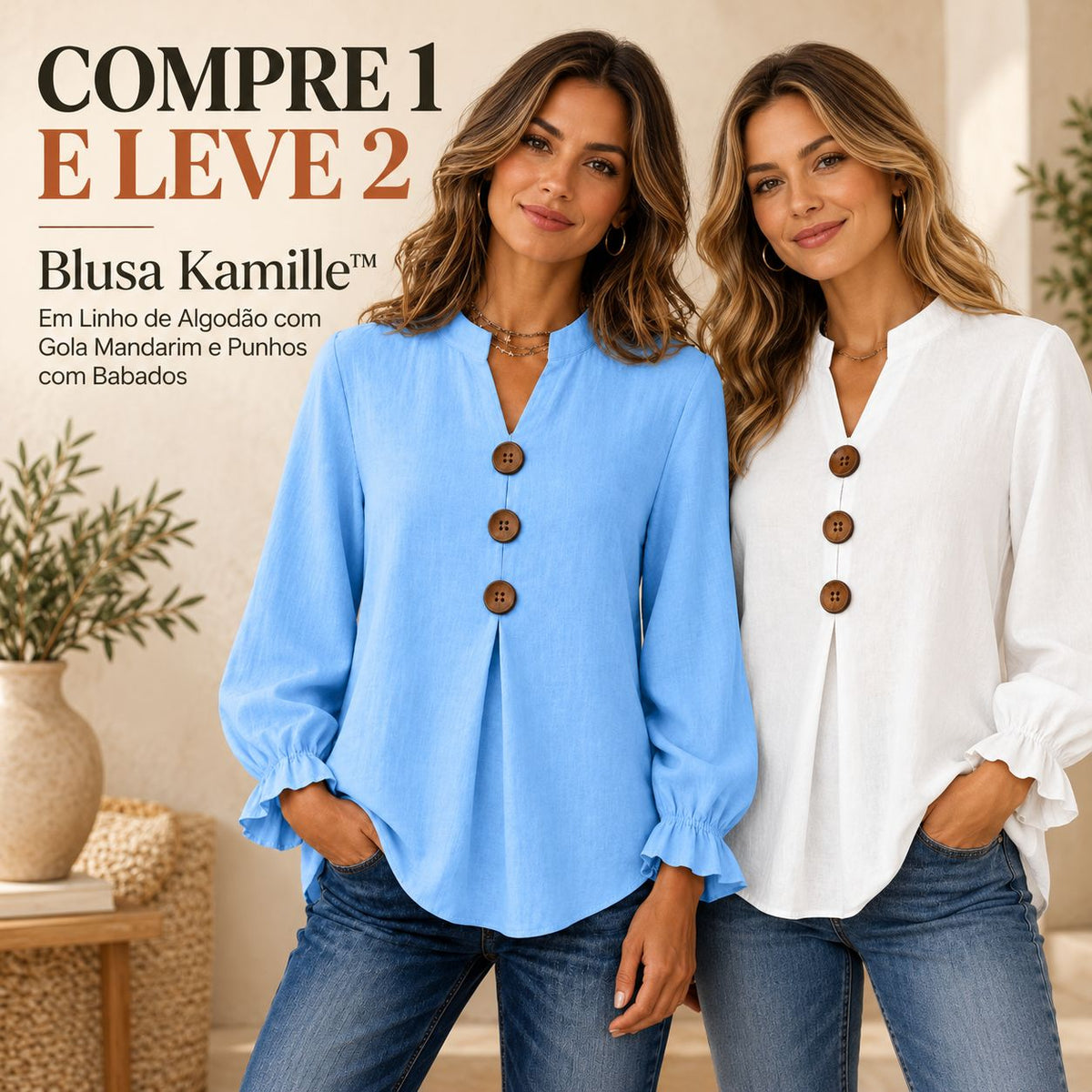 [COMPRE 1 E LEVE 2] Blusa Kamille™  em Linho de Algodão com Gola Mandarim, Botões Frontais e Punhos com Babados