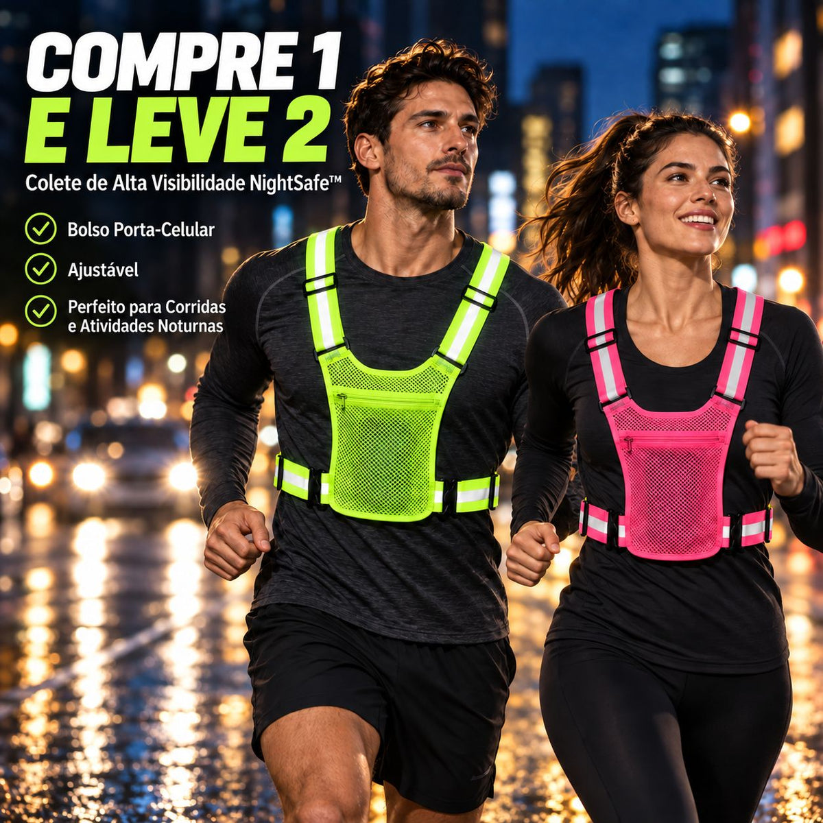 [COMPRE 1 E LEVE 2] Colete de Alta Visibilidade NightSafe™ com Bolso Porta-Celular para Corridas e Atividades Noturnas