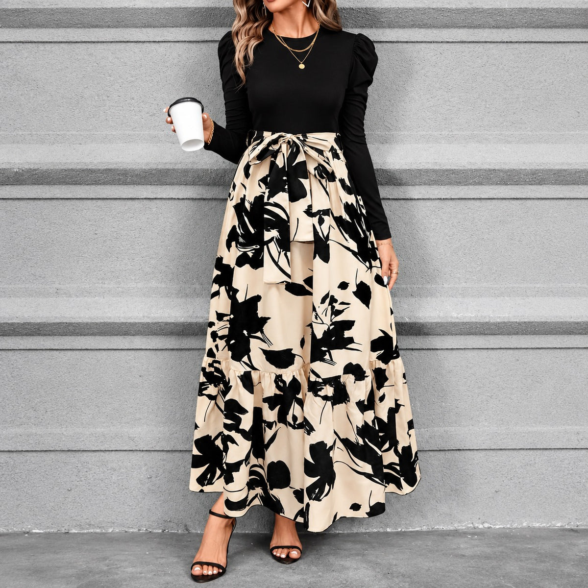 Vestido Liselle™ com Design Retrô, Cintura Marcada e Saia Longa Estampada