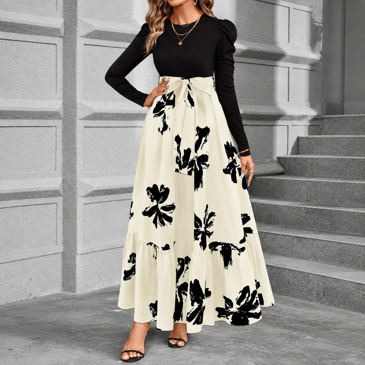 Vestido Liselle™ com Design Retrô, Cintura Marcada e Saia Longa Estampada