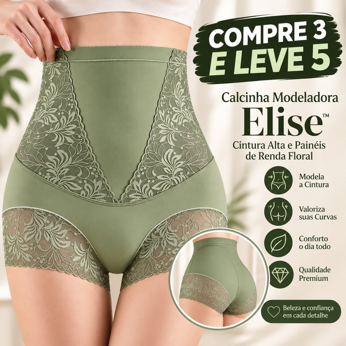 [COMPRE 3 E LEVE 5] Calcinha Modeladora Elise™ com Cintura Alta e Painéis de Renda Floral