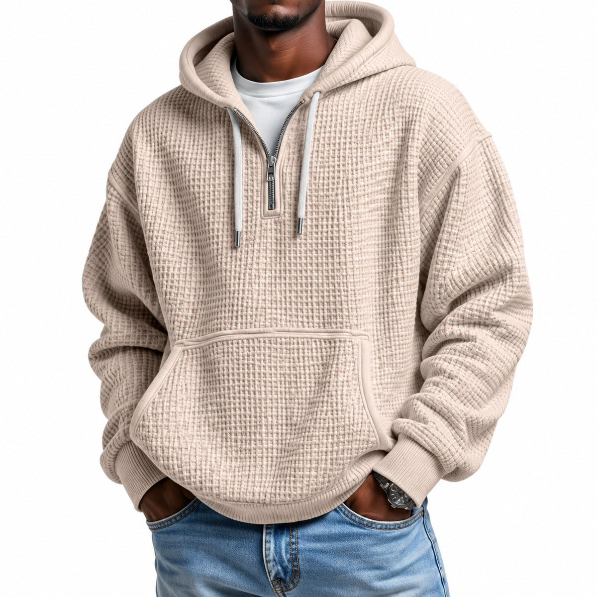 Moletom Miguel™ com Textura Waffle Discreta, Capuz e Meio Zíper