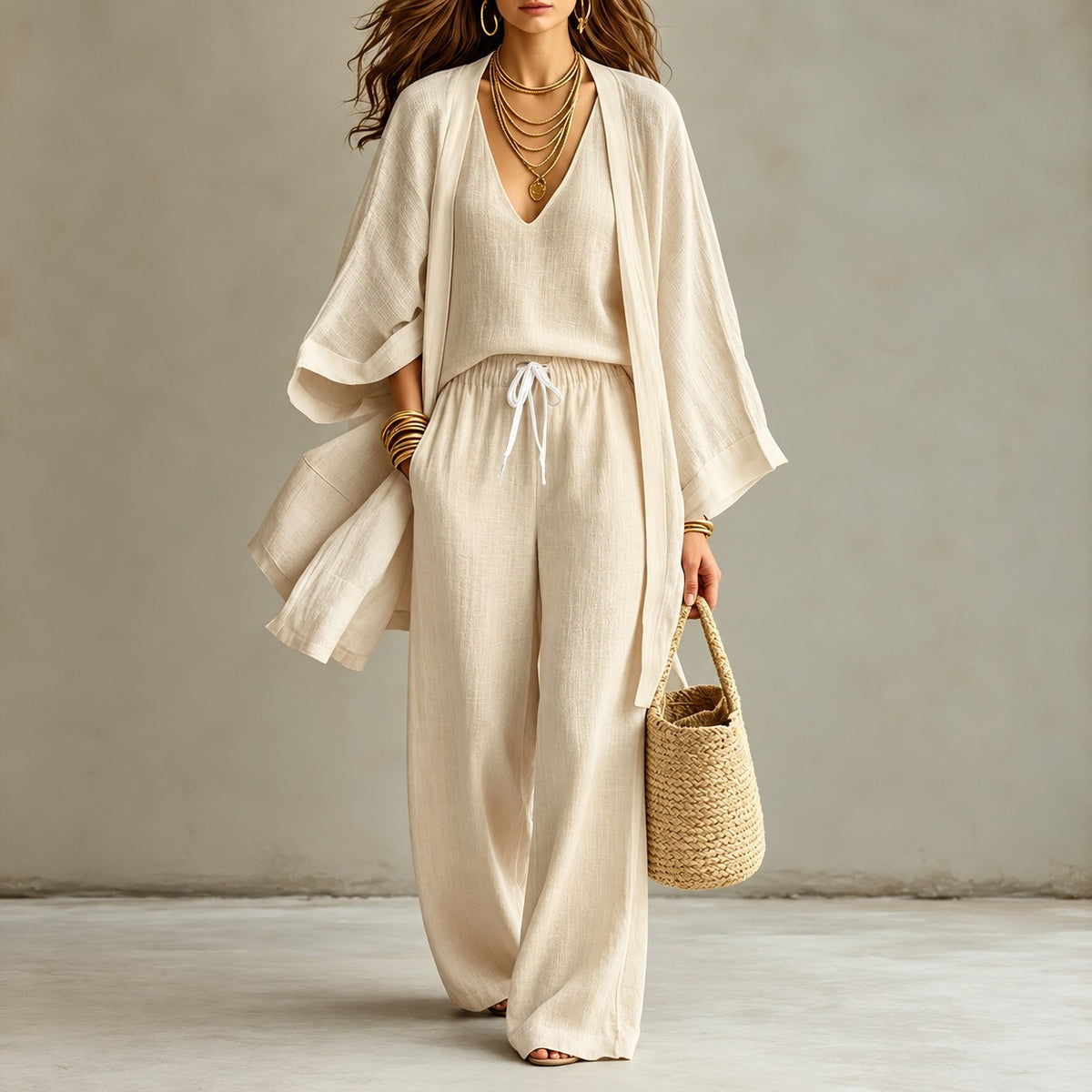 Conjunto Mirelia™ com Regata de Decote V, Calça Ampla e Kimono Longo