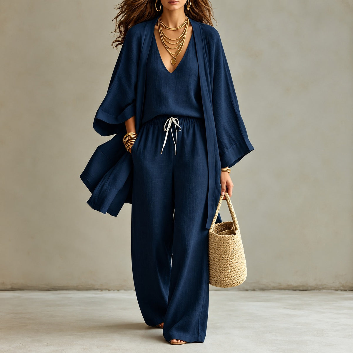 Conjunto Mirelia™ com Regata de Decote V, Calça Ampla e Kimono Longo