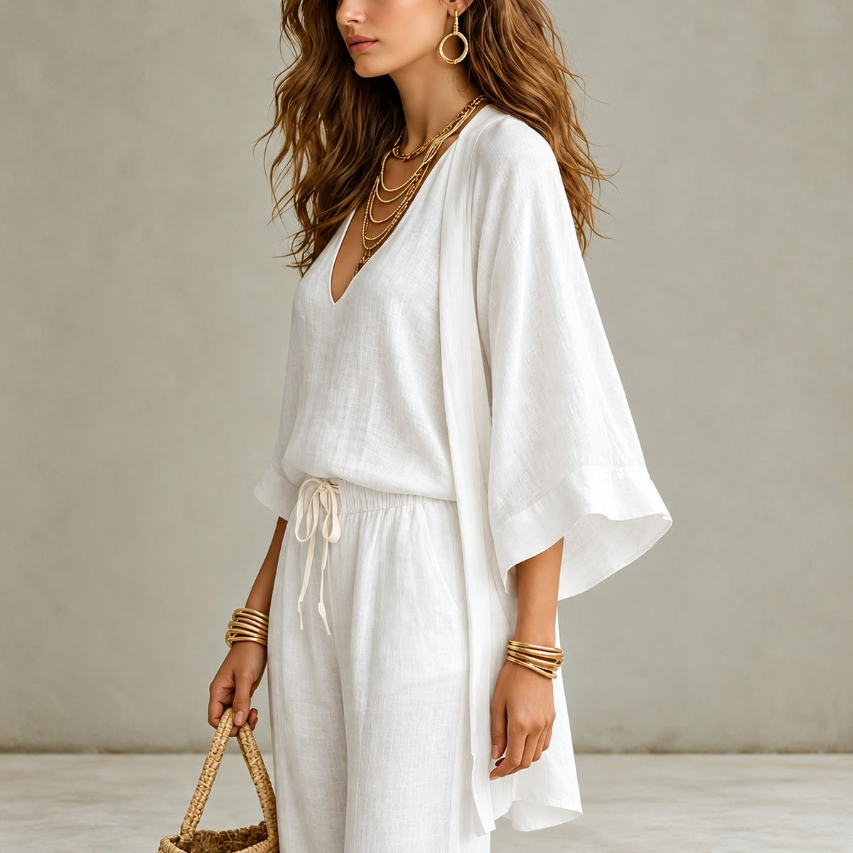 Conjunto Mirelia™ com Regata de Decote V, Calça Ampla e Kimono Longo