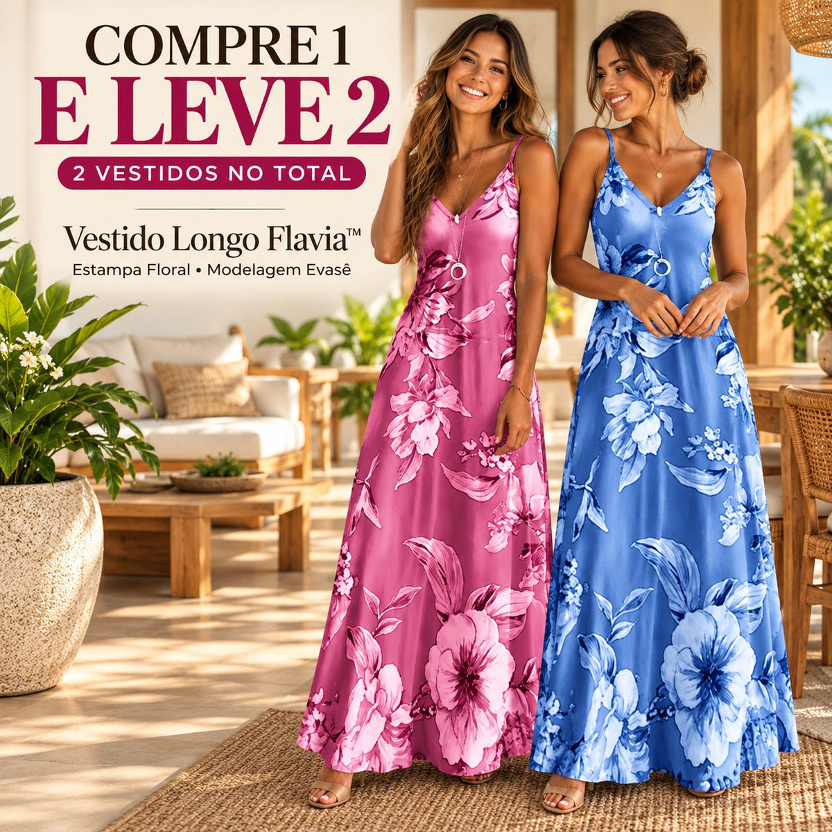 [COMPRE 1 E LEVE 2] Vestido Longo Flavia™ com Estampa Floral e Modelagem Evasê / Leveza Para Vestir Sem Limitar os Movimentos.