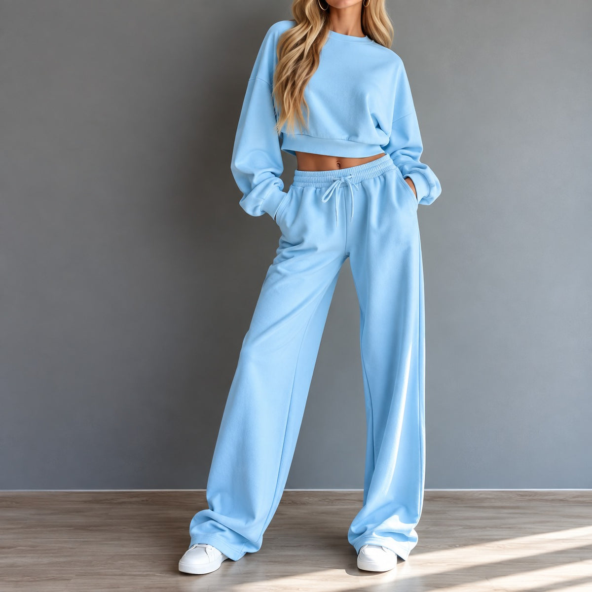 Conjunto Girona™ com Blusa Cropped de Manga Longa e Calça de Modelagem Ampla com Cordão