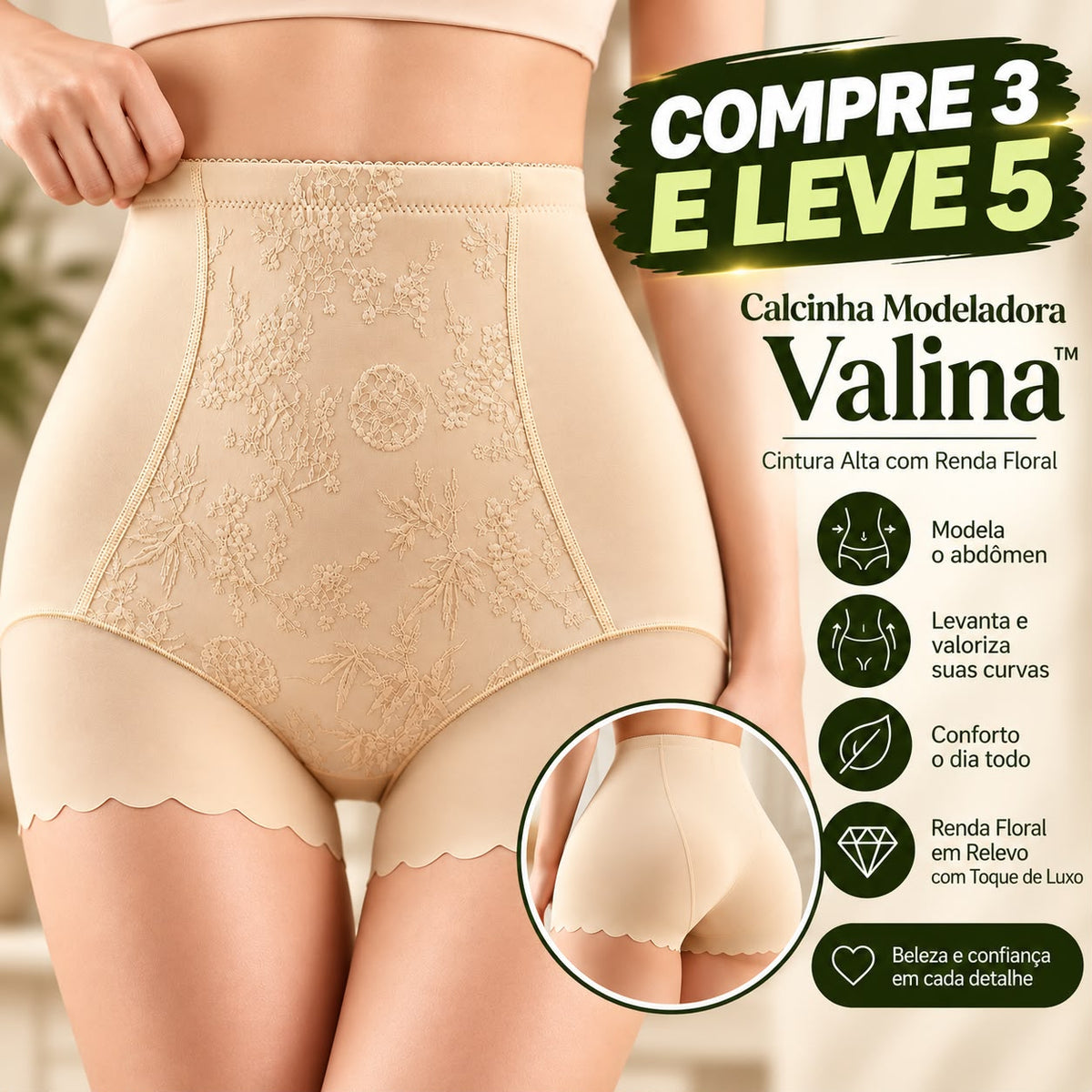 [COMPRE 3 E LEVE 5] Calcinha Modeladora Valina™ com Cintura Alta e Painel Floral / Modelagem Que Combina Sustentação e Delicadeza.