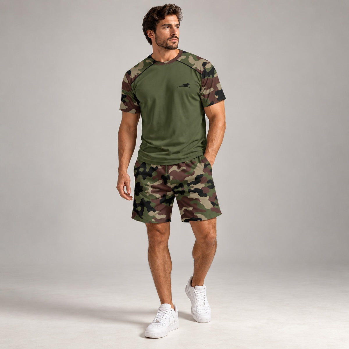Conjunto Landon™ com Visual Camuflado, Camiseta de Manga Curta e Short com Cordão