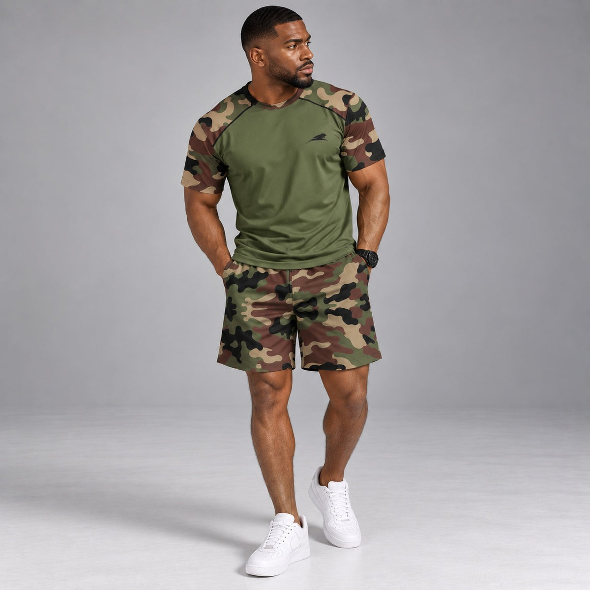 Conjunto Landon™ com Visual Camuflado, Camiseta de Manga Curta e Short com Cordão