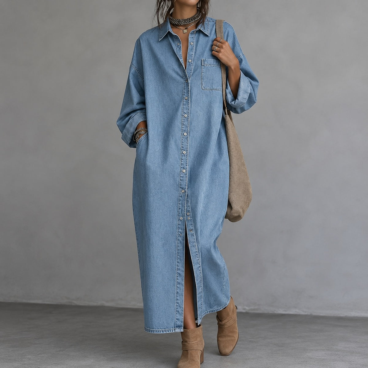 Vestido Chemise Colmar™ em Jeans com Gola Clássica e Fechamento Frontal por Botões