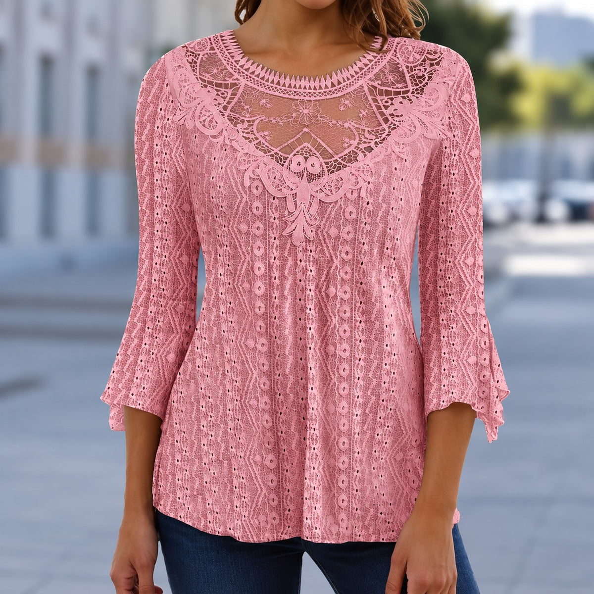 Blusa Pescara™ com Bordado Ornamental, Detalhes Rendados e Mangas Amplas