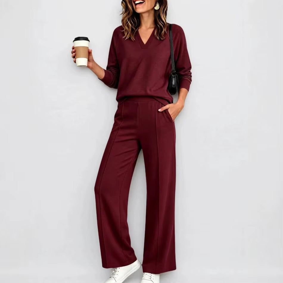 Conjunto Fabiana™ com Blusa de Decote V, Manga Longa e Calça Pantalona