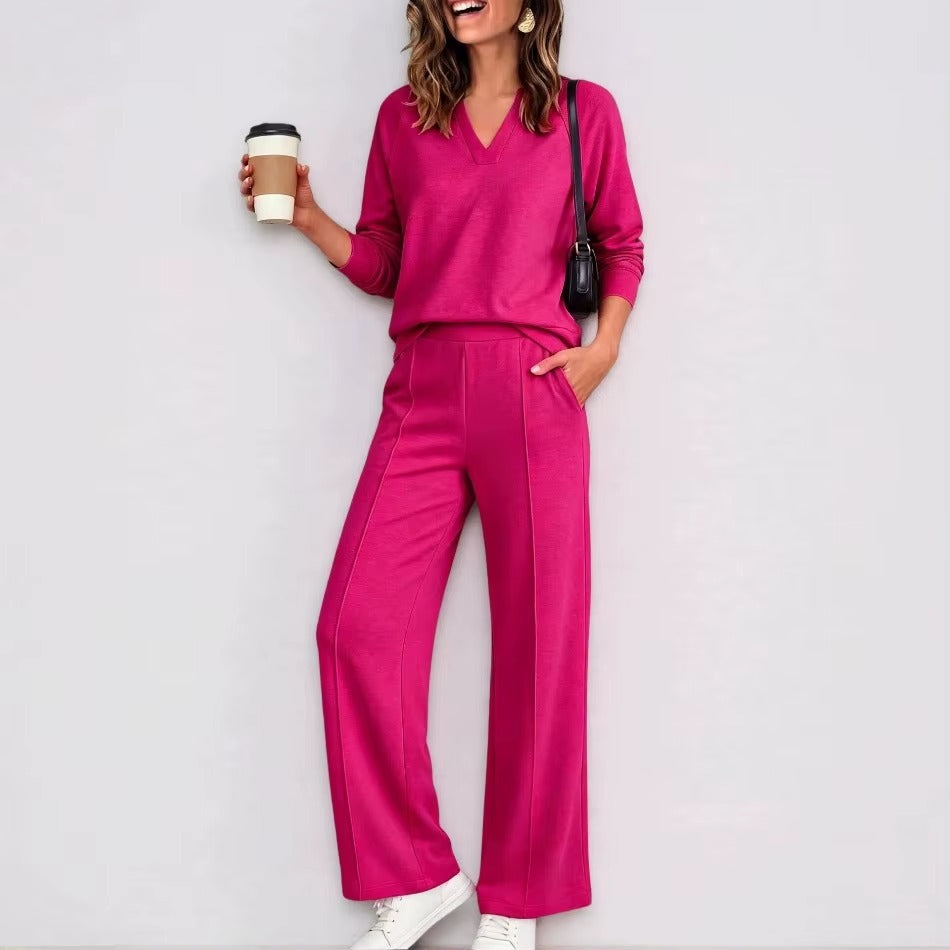 Conjunto Fabiana™ com Blusa de Decote V, Manga Longa e Calça Pantalona