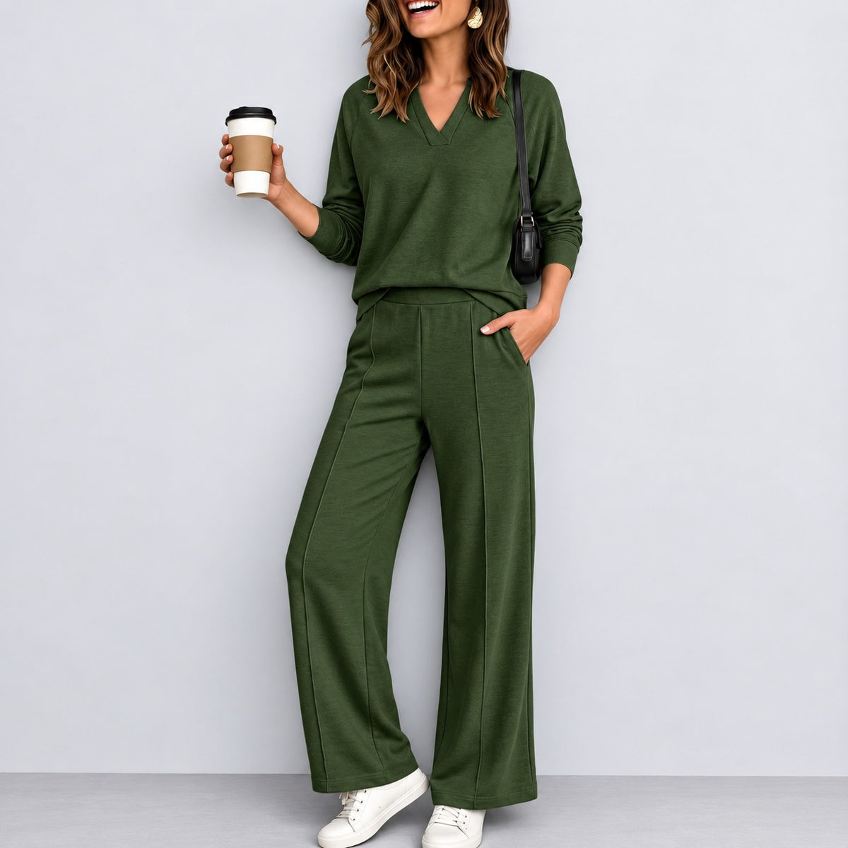 Conjunto Fabiana™ com Blusa de Decote V, Manga Longa e Calça Pantalona