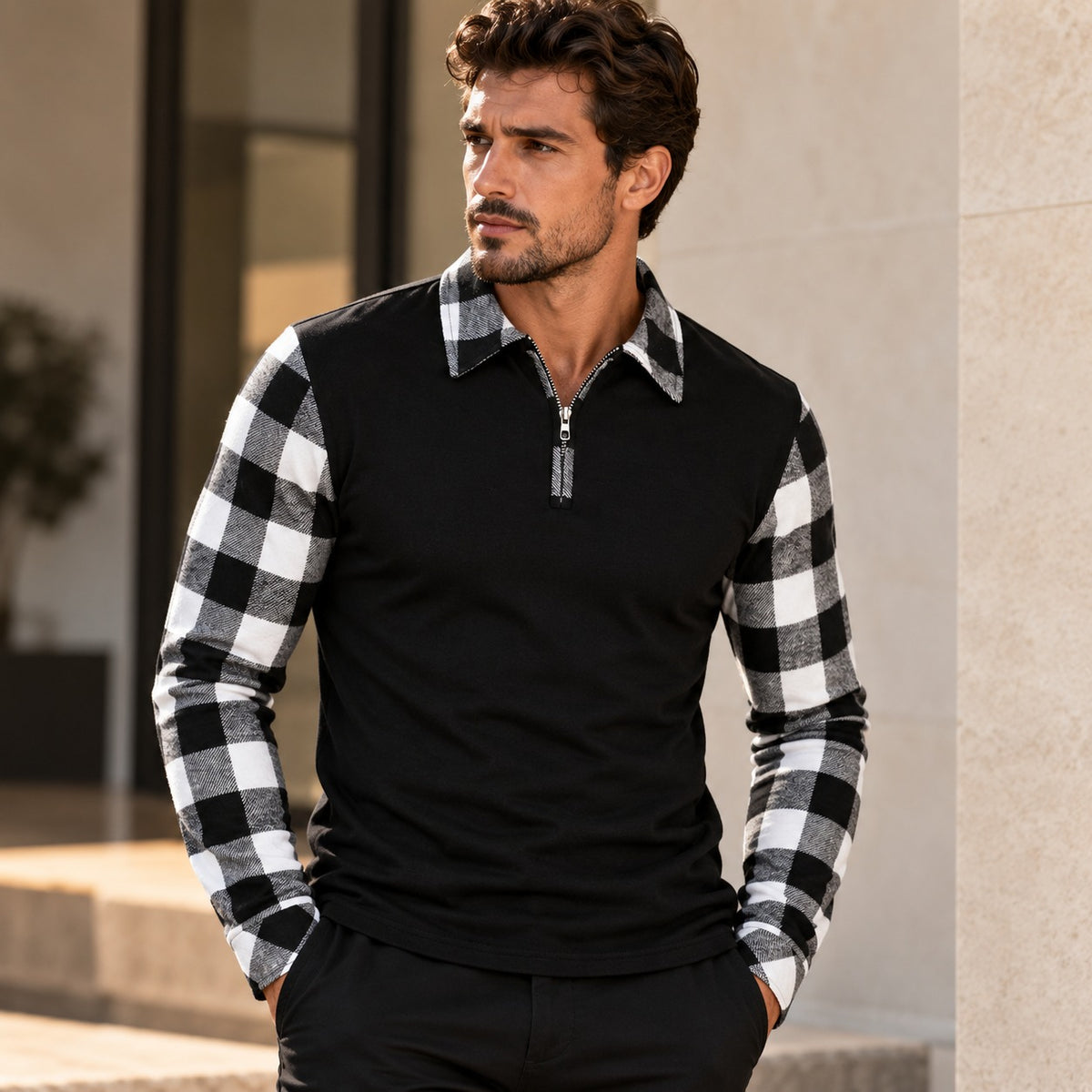 Camisa Polo Lennon™ com Manga Longa e Detalhes Xadrez Contrastantes